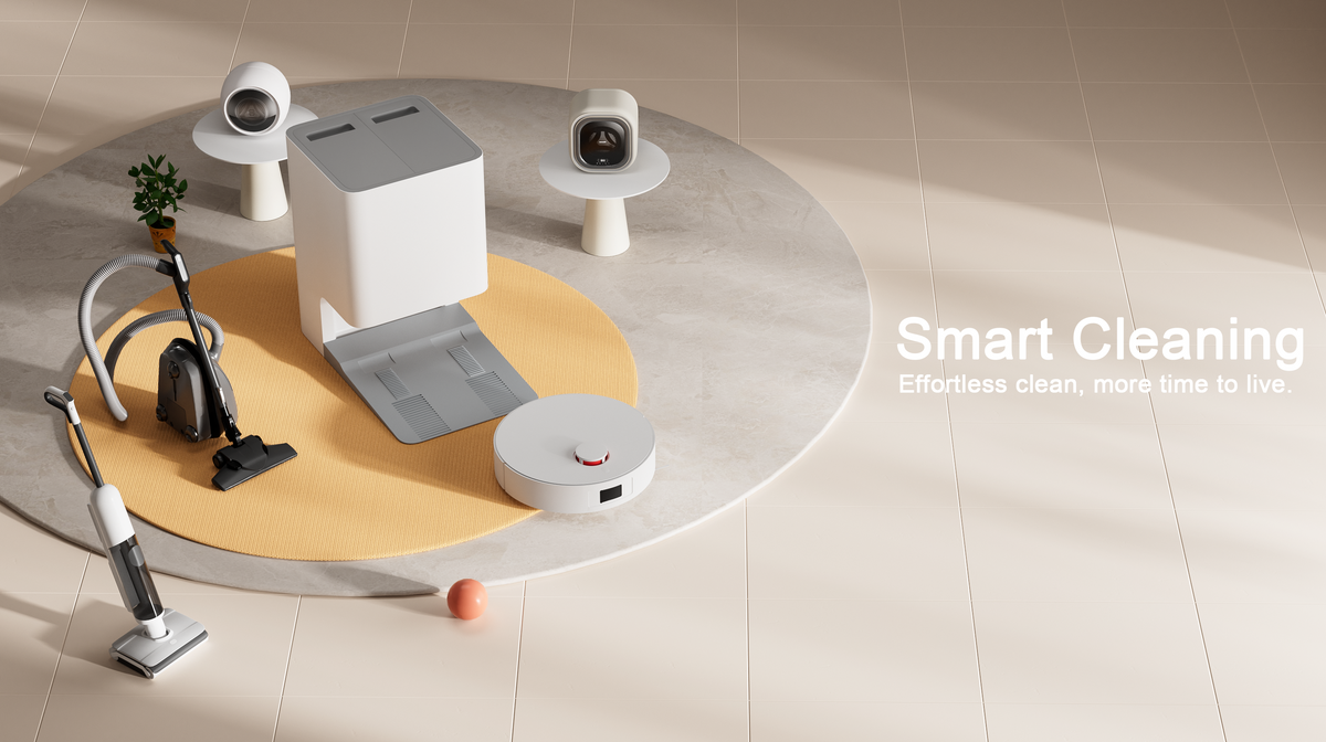 Smart cleaning devices on a round platform with 'Smart Cleaning' text.